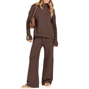 Anrabess Brown Two-Piece Long Sleeve and Pants Loungewear Set